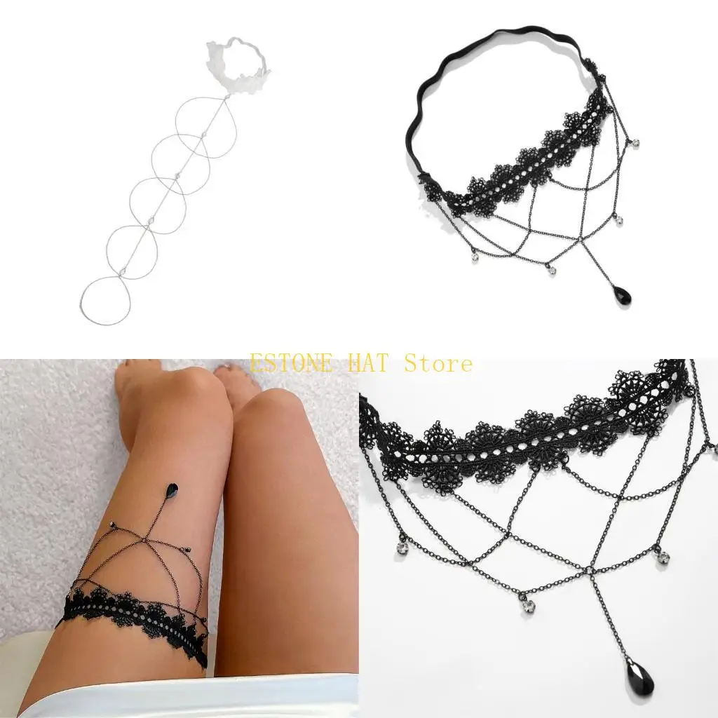 49MF Fashionable Lace snd Metal Chain Thigh Ornaments Long Tassels Multilayer Chain Suitable for Various Occasion