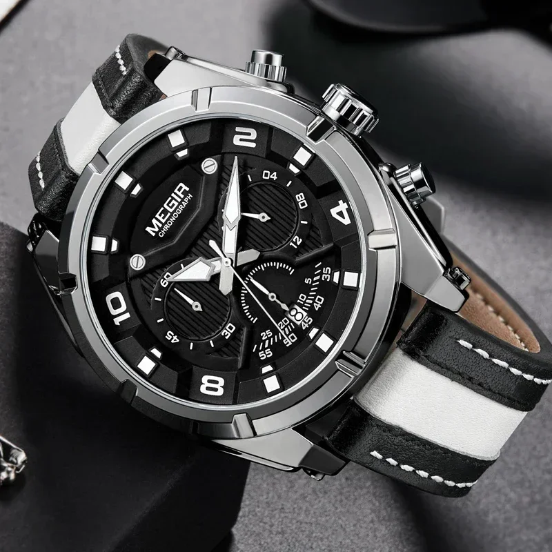 MEGIR นาฬิกาผู้ชายแบรนด์หรูหนังทหารกีฬา Chronograph ควอตซ์ Mens นาฬิกา Big Dial กันน้ํา Relogio Masculino