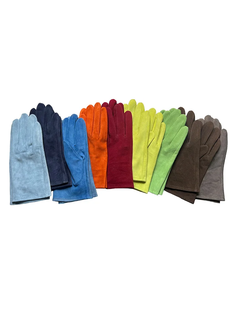 Women's Colored Suede Sheepskin Gloves Men's Natural Leather Gloves Sun-protective Driving Gloves Super Soft Five Finger Glove