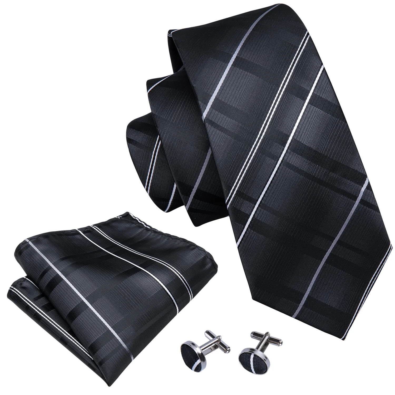 Classic Black Stripe Men Tie Fashion Silk Woven Handkerchief Cufflinks High Quality Necktie Sets Business Party Barry.Wang 5005