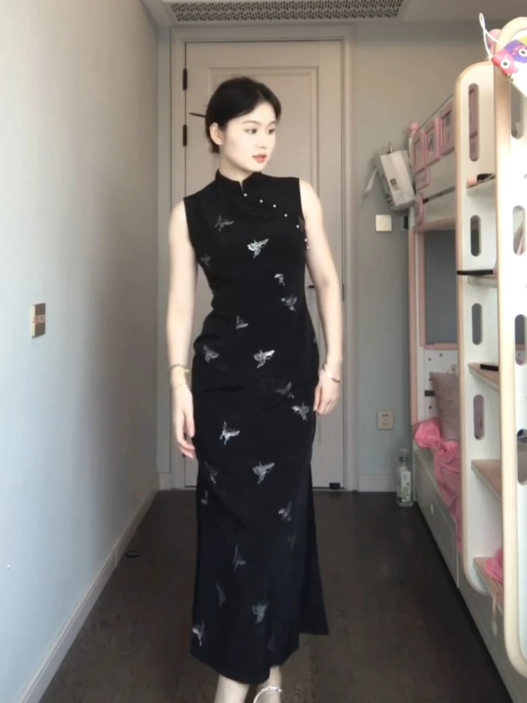 

plus Size New Chinese Style Sleeveless Long Dress Women Early Autumn National Style High Waist A-Line Skirt Dress