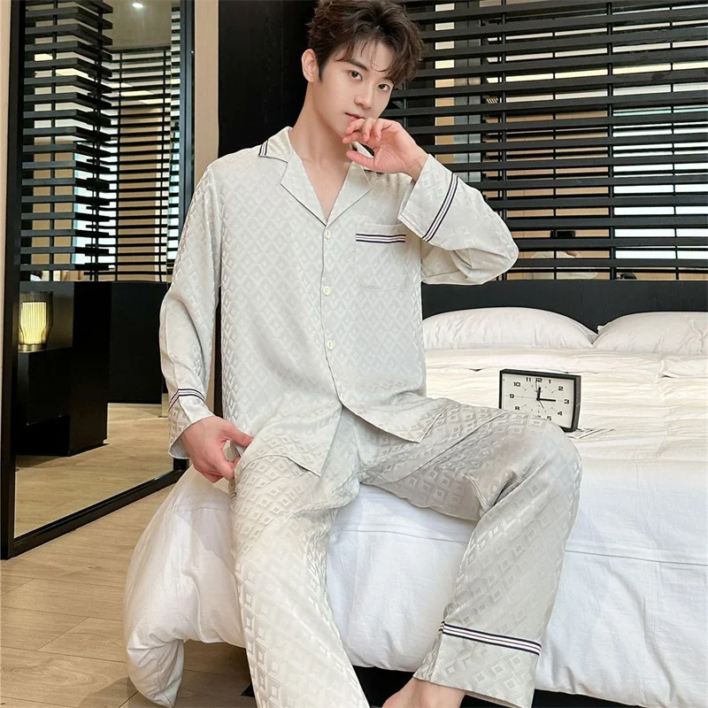 Spring Autumn Men\'s Ice Silk Pajamas Long Sleeve Lapel Cardigan Pants Plaid Jacquard Home Clothing Set Loose Oversized Sleepwear