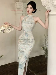 2026 chinese sexy qipao flower print sleeveless qipao evening dress sexy off shoulder nightclub cheongsam banquet party dress