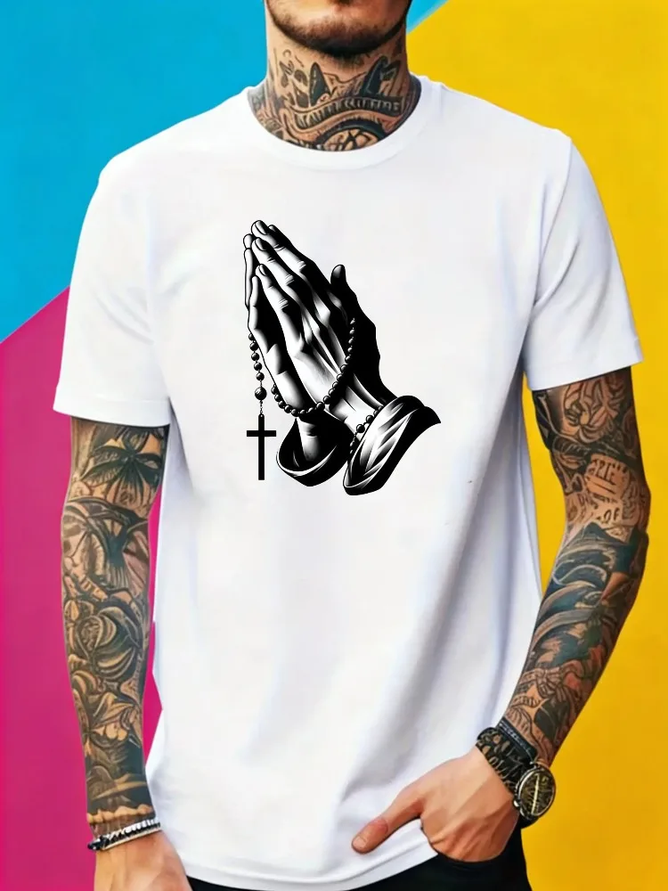 Men Faith Praying Hands Cross Rosary Print Cotton Crew Neck Tee Religious Believer Casual Summer Soft Daily Basic Short Sleeve
