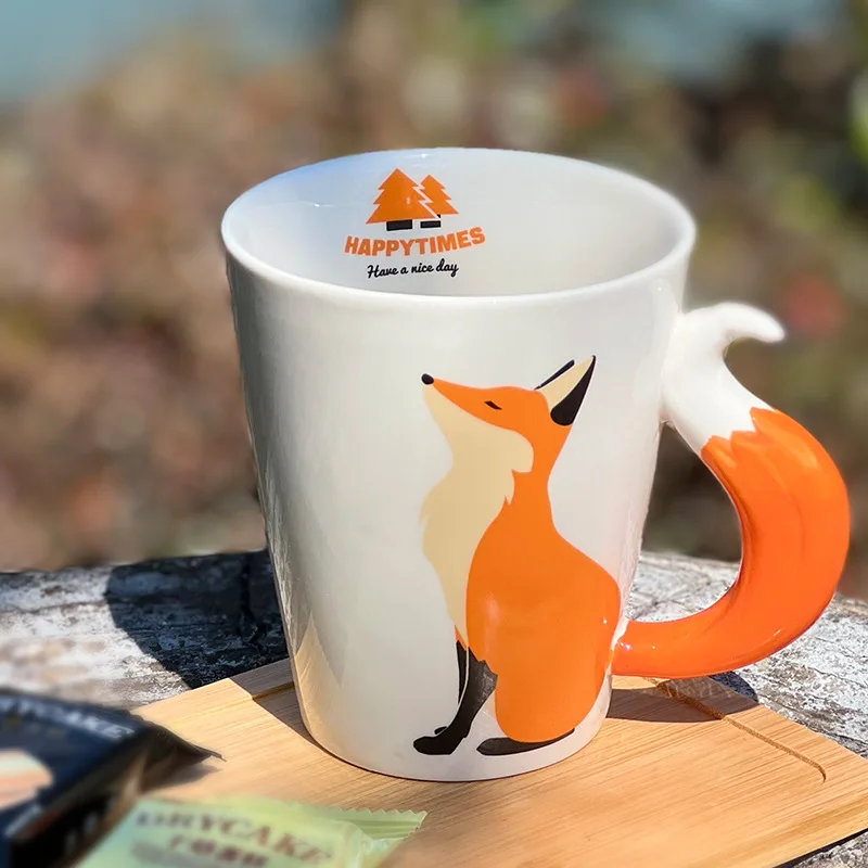 

Creative Animal Ceramic Mug cartoon animal coffee cup Ceramic fox Cartoon Coffee mugs fox tail Handle Personalized water Cups