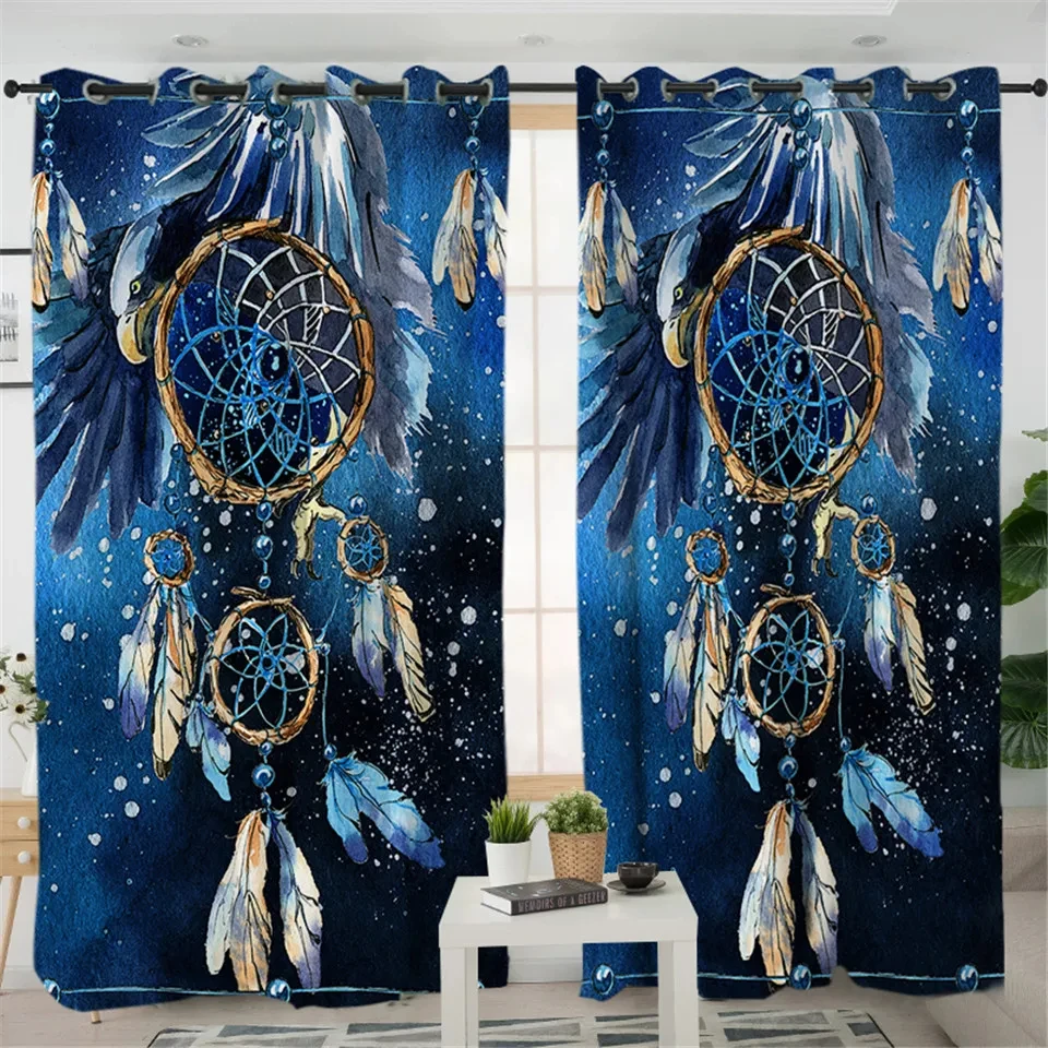 

2PCS Dream Catcher Boho Living Room Curtains Feather Pattern Blue Galaxy Drape for Living Room Bedroom Window Treatment Curtain