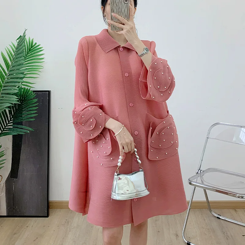 Wrinkled Fashion Cardigan 2024 Spring New Women's Beaded Print A-Version Loose Small Flip Collar Coat Women's Trend