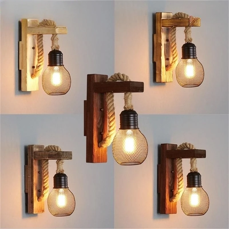 

Industrial Vintage Hemp Rope Wall Lamp Wood Wall Lamp E27 Indoor Loft Outdoor Corridor Wall Light Industrial Sconce Bedside Lamp