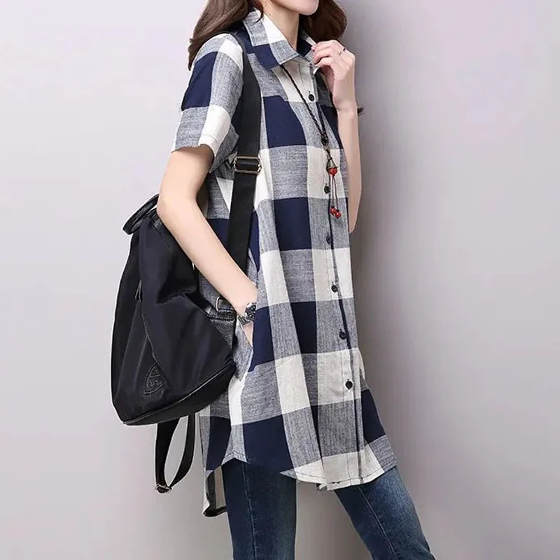 Polo Neck Button Loose Vintage Plaid Shirt 2022 Summer Women Clothing Fashion Streetwear Short Sleeve Pockets Blouses Ladies