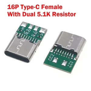 Jack Konektor Wanita USB Tipe c Dengan Resistor Ganda 5.1 K Terminal Listrik usb 16pin Kabel Data DIY Mendukung Papan PCB 8 penjualan terbaik usb c diy - №