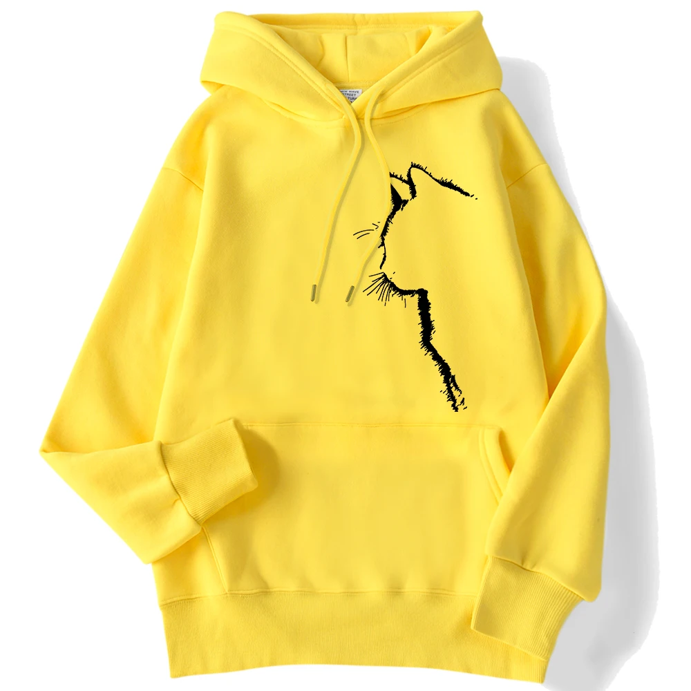 Funny Simple Strokes Of Cat Print Hoodies For Women Long Sleeves Pocket Sweatshirt Loose Comfortable Warm Casual Female Clothing