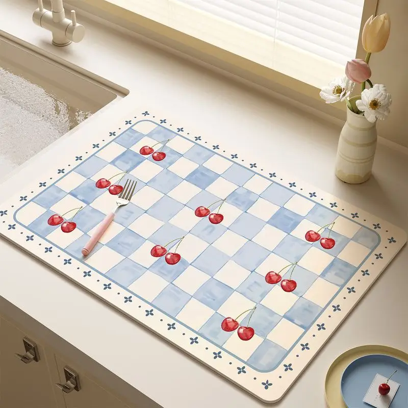 VIKAMA Rustic Dish Rack Mat Blue White Checkered Absorbent Heat Resistant Quick Dry Kitchen Countertop Drain Pad Home Decor