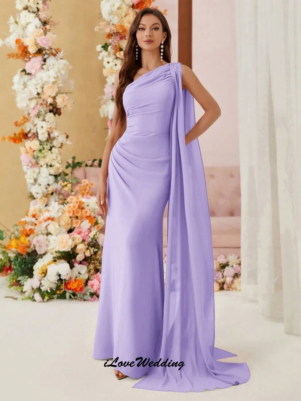 

Sky Blue One Shoulder Bridesmaid 2025 Chiffon Mermaid Evening Dress Ribbon Wedding Party Dress For Women Guest Gala Customized