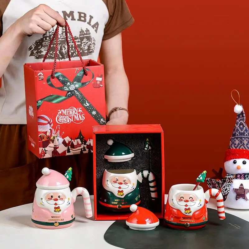 

500ml Christmas Santa Tree Ceramic Mug With Lid Handmade Cartoon New Year Cute Funny Gift Water Milk Coffee Cup For Family