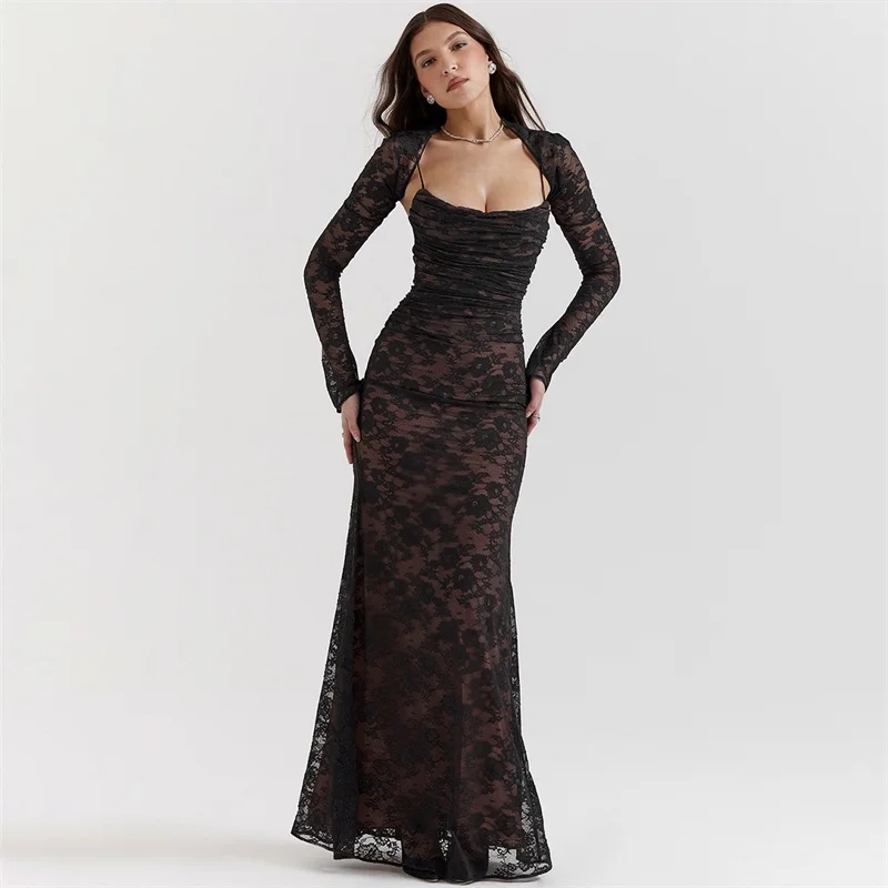 PuTao Black Lace Prom Dress 2 Pieces Set Sexy Srap Party Evening Dresses+Full Sleeves Outfit Formal Tie Up Back Long Robe Vestid