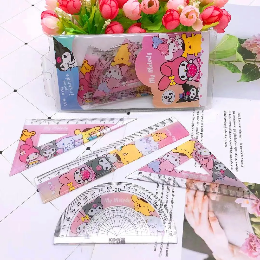 MINISO Sanrio 4 Piece Set Student Stationery Triangle Protractor Set Kawaii My Melody Hello Kitty Kuromi Measuring Ruler Set