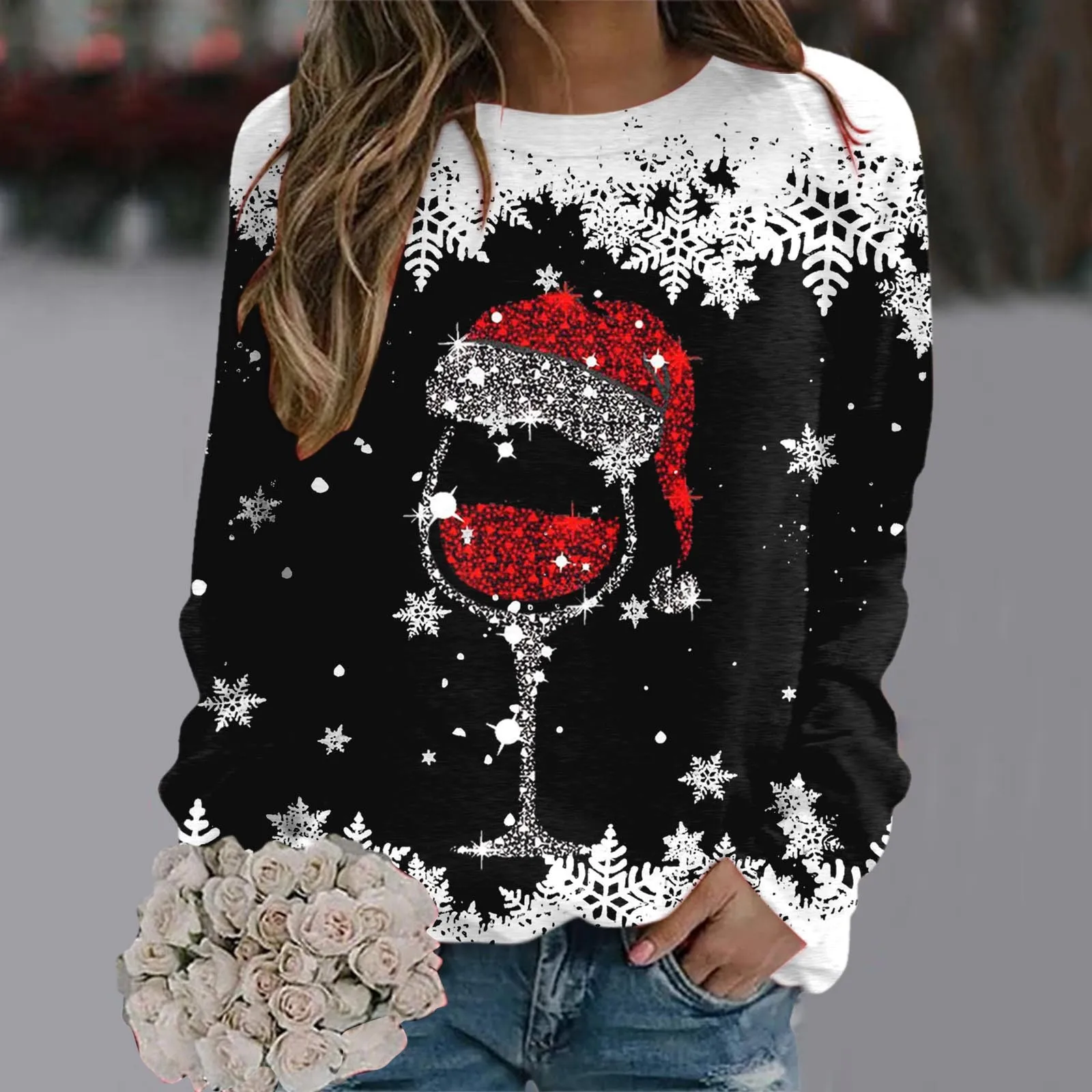 2024 Women Christmas Clothes Long Sleeve O-Neck Patchwork Casual Sweatshirts Snowflake Red Hat Wine Glass Print Pullover Sweater