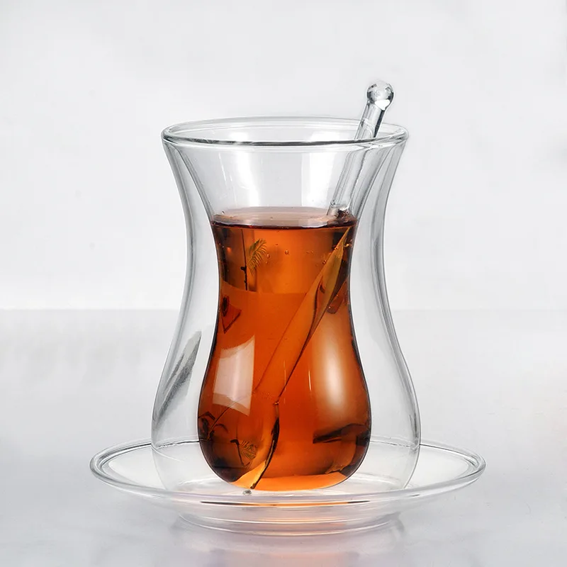 

Beauty Black Tea Cup Saucer Teaspoon Sets Turkish Bohea Double Wall Glass Insulated Thermal Cafe ESPRESSO SHOT Coffee Mug Teacup