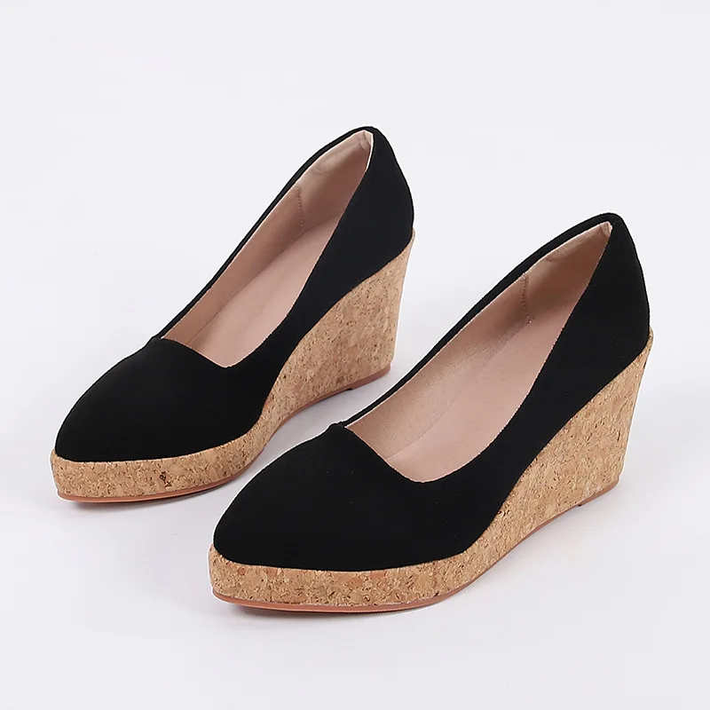 FHC Spring/Autumn Wedges High Heels,Women Platform Pumps,Shallow Out Flock Shoes,Slip On,Pointed toe,Black,Apricot,Dropship