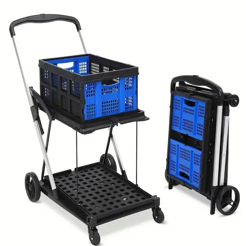 Outdoor Portable Storage Handcart Folding Shopping Cart With Wheels Mobile Folding Trolley 2-Layer Utility Carts 200 Lbs H