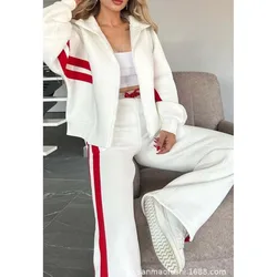 Fashion Contrasting striped Patchwork Suits Casual Zipper Long Sleeved Hooded Top Lace Up Straight Trousers Two Piece Set Autumn