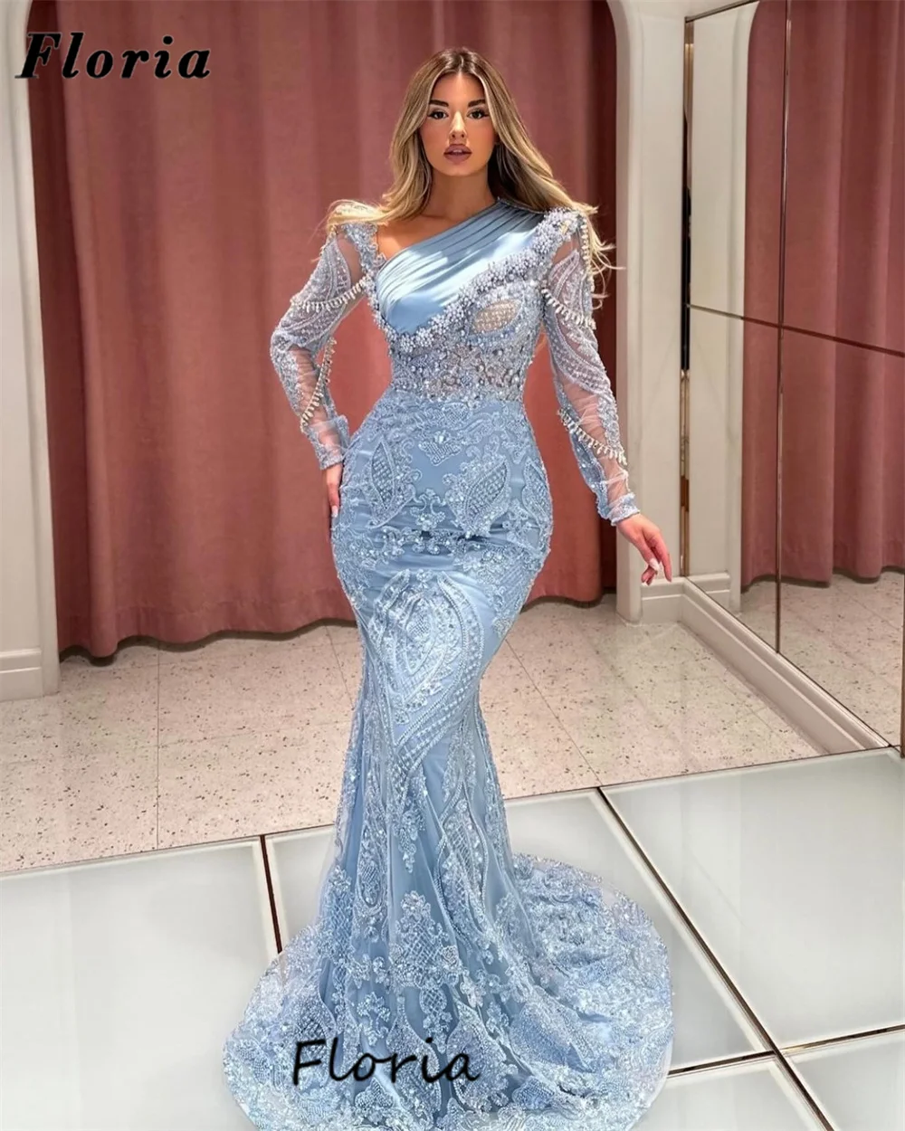 African Blue Mermaid Evening Dresses Luxury Beaded Female Long Sleeves Wedding Party Dress Engagement Dress Vestidos De Cóctel