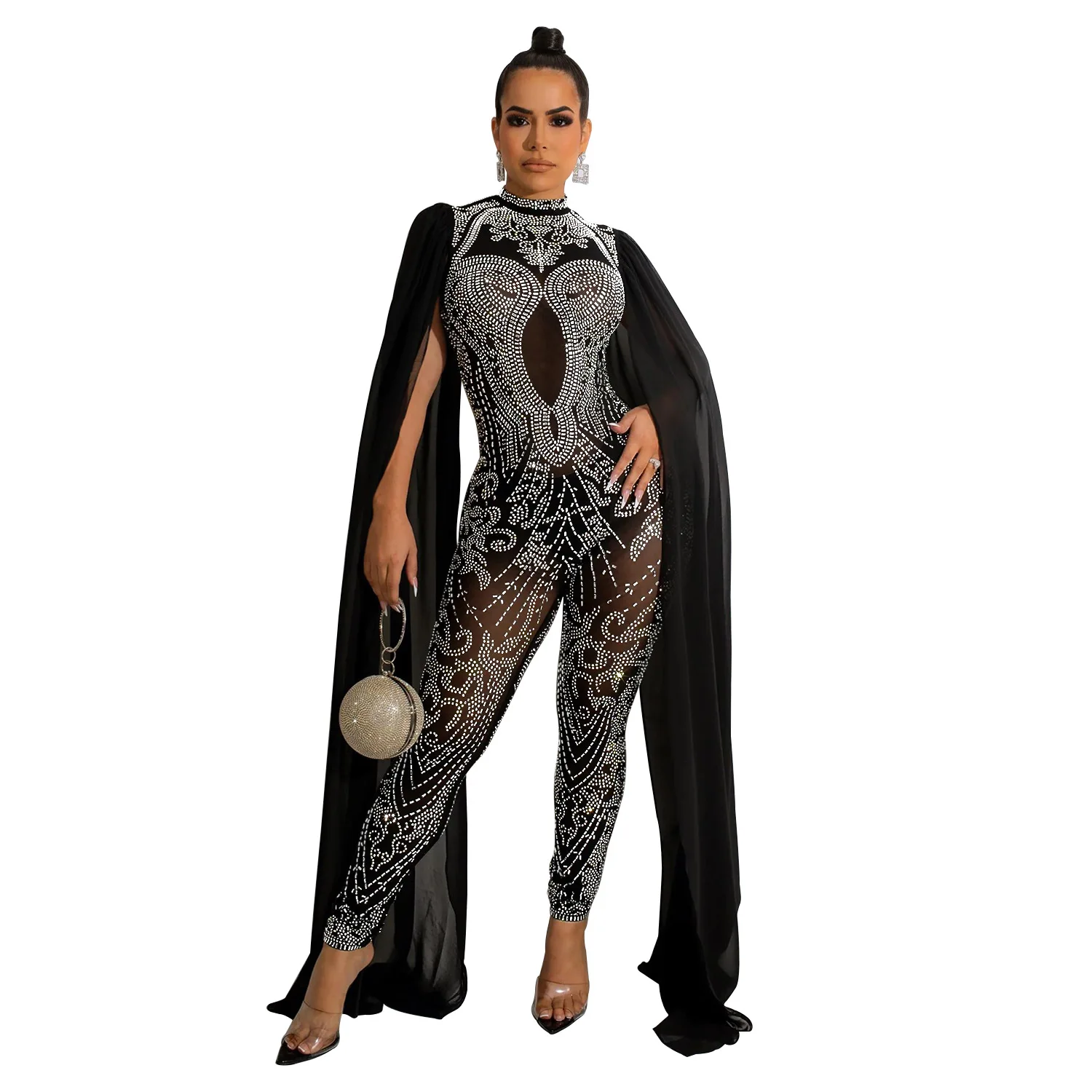 Sexy party club prom nightclub solid color hot diamond mesh see-through pants sleeveless shoulder cape jumpsuit