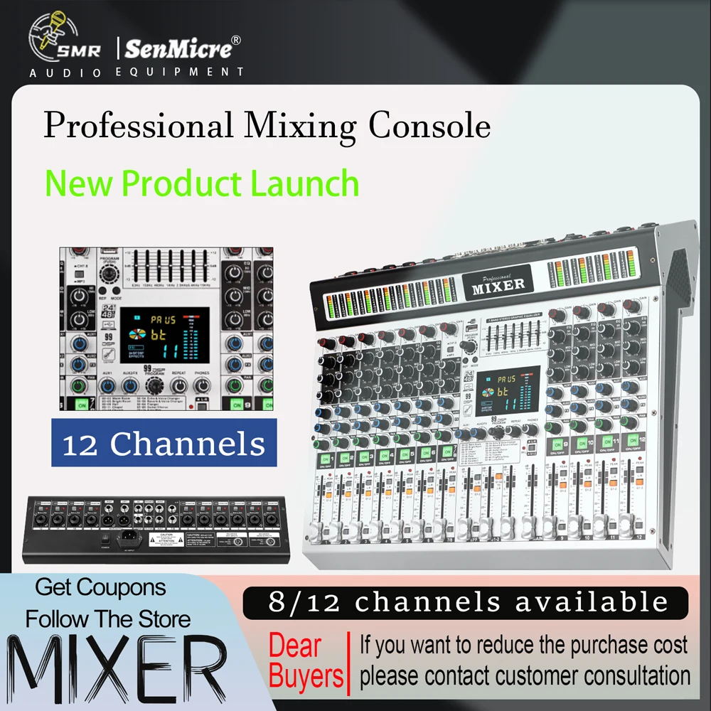 

SenMicre MX12 Professional Audio Mixer 12 Channel Sound Mixer Stage Performance DJ Mixing Console Karaoke 8 Channel Sound Table