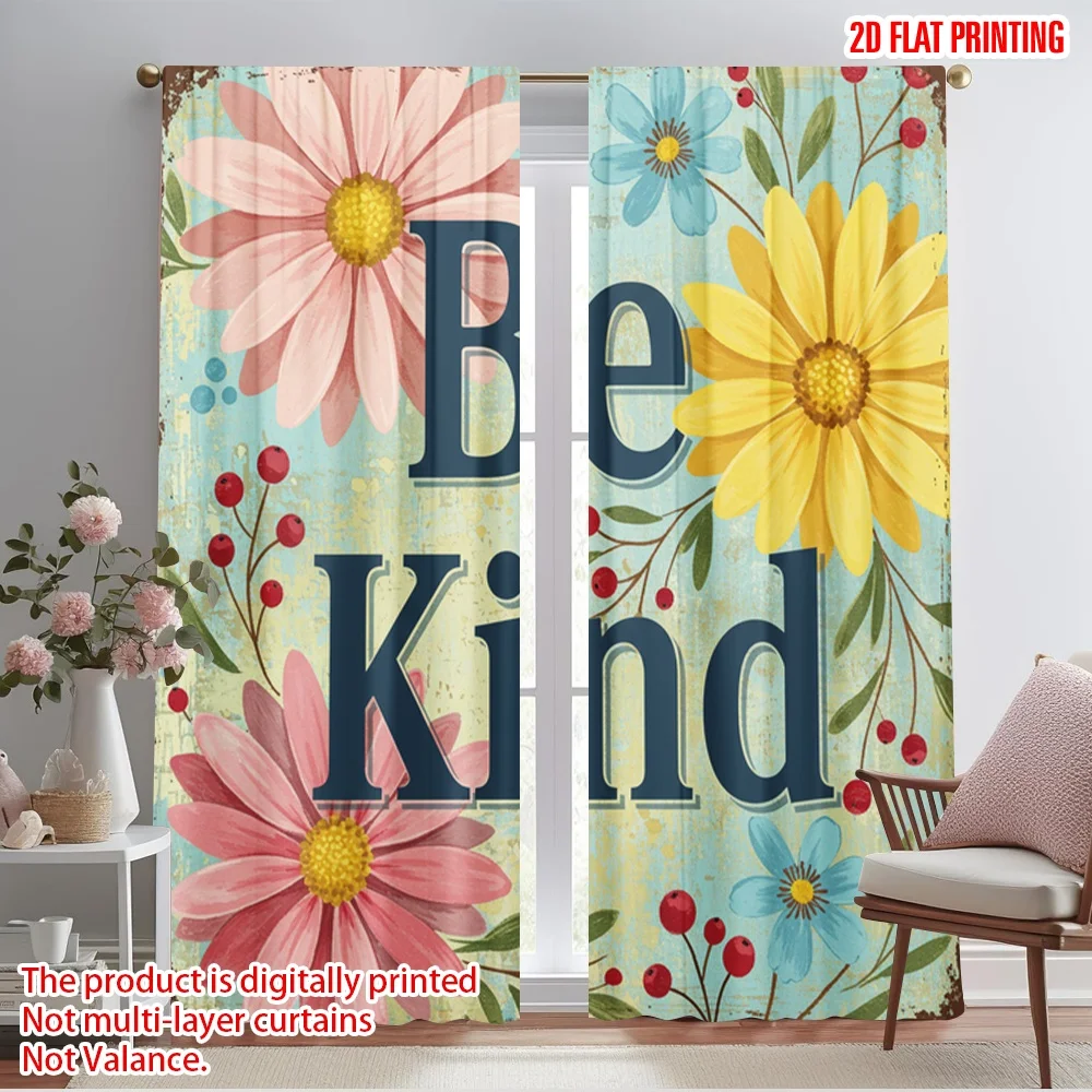 

2pcs 2D flat printing Window Curtains Daisy Floral Be Kind Metal Sign Fabric Without Electricity Festive Wall Decor Perfect for