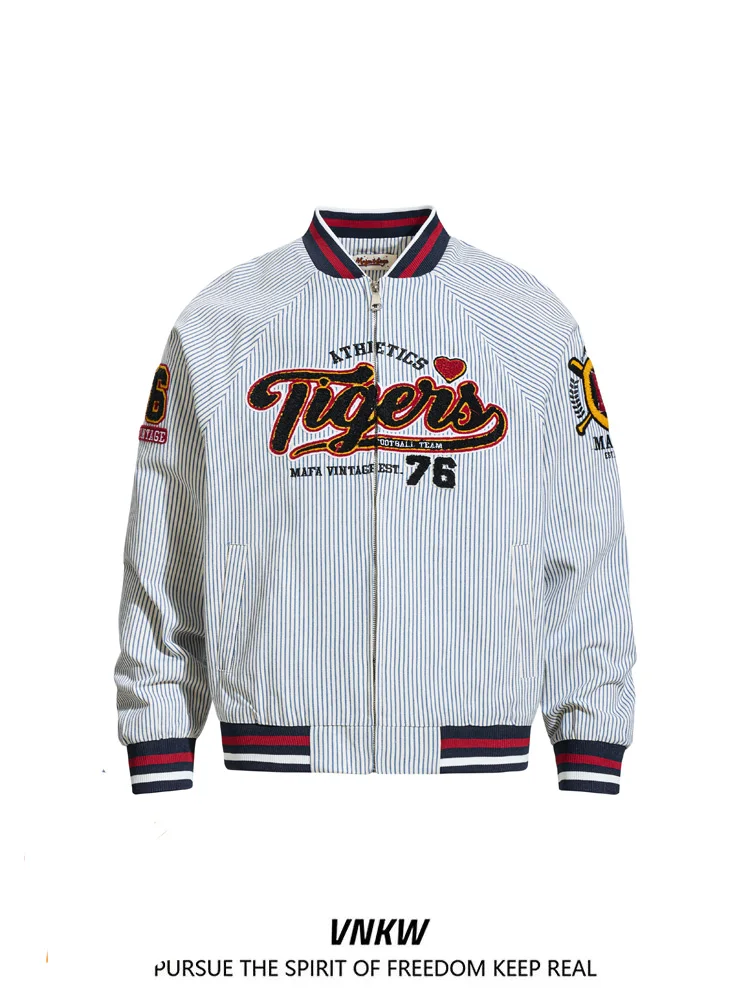 

Мужская куртка в стиле ретро-американский бейсбол, с цветными полосами, на молнии, в стиле рабочей одежды, с вышивкой, для осени и зимы