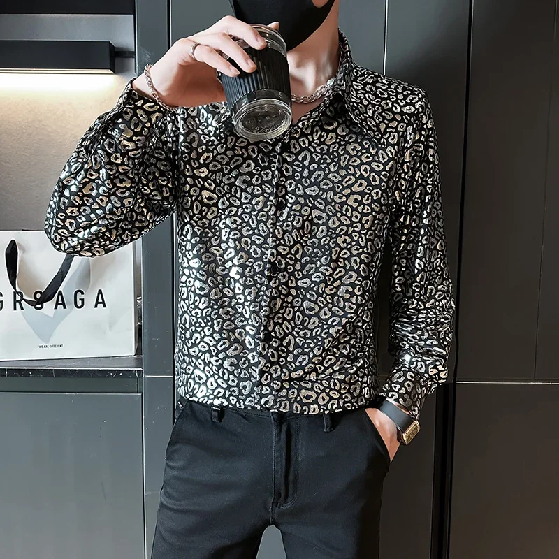 Fashion Glossy Leopard Print Shirt Men Long Sleeve Casual Shirts Social Nightclub Banquet Shirts Stage Performance Costumes 2024