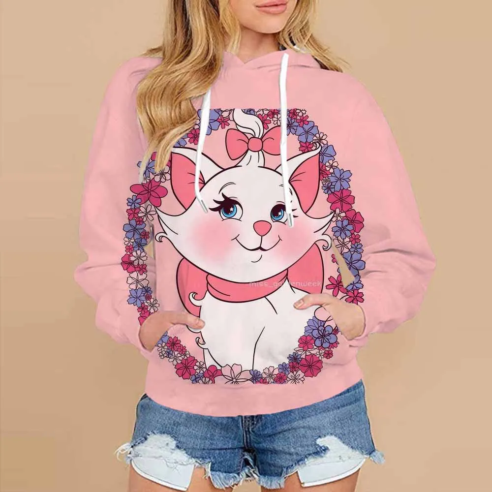 Hoodie Women\'s Round Neck Y2k Disney Mary Cat Fashion Printed Hoodie Girls\' Long Sleeve Hoodie Flower Trendy Sweatshirt