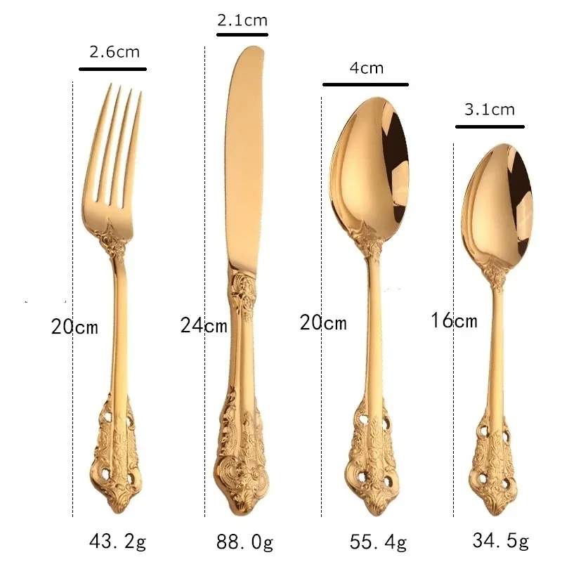 24pcs Vintage Stainless steel gold-plated Cutlery Dining Knives Forks Teaspoons Set Luxury Dinnerware Engraving Tableware Set