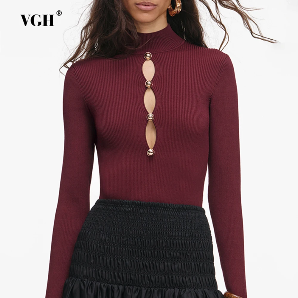 

VGH French Style Hollow Out Knitted Sweaters For Women Turtleneck Long Sleeve Autumn Elegant Solid Slim Top Female Fashion New