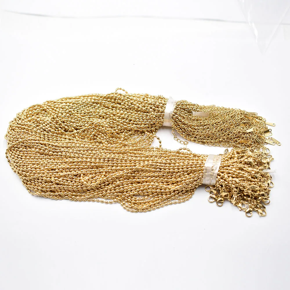 Wholesale 50pcs Gold color 2mm Stainless Steel Rice grain chain Necklaces DIY Jewelry 40+5cm Chains Suit Bulk Sale Accessories