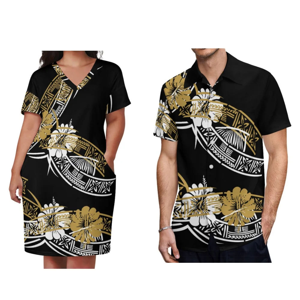 

Pacific Island Art Couple Set Summer Polynesian Women's Dress V-Neck Style Midi Skirt Men's Fashion Shirt