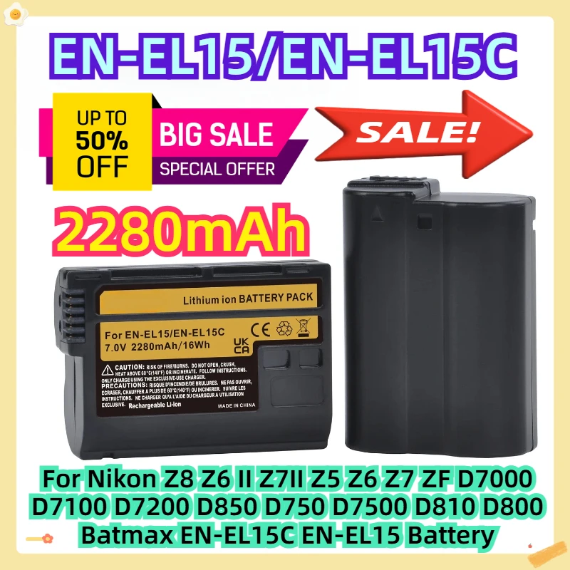 

For Nikon Z8 Z6 II Z7II Z5 Z6 Z7 ZF D7000 D7100 D7200 D850 D750 D7500 D810 D800 Batmax EN-EL15C EN-EL15 Battery 2280mAh