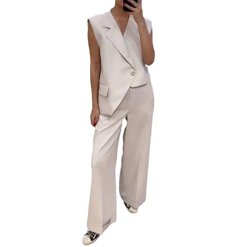 Women Pants Set Two Piece Sets Slim Elegant Turn Down Collar Sleeveless Irregularity Tops High Waist Wide Leg Long Pants Splice