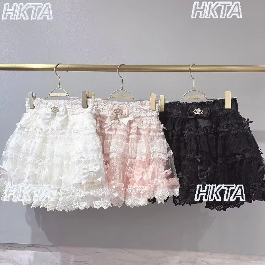 Japanese Style Kawaii Lace Tulle Bow Cute Sweet Puffy Cake Skirt for Women Autumn Heavy Industry High Waist Short Mini Skirt