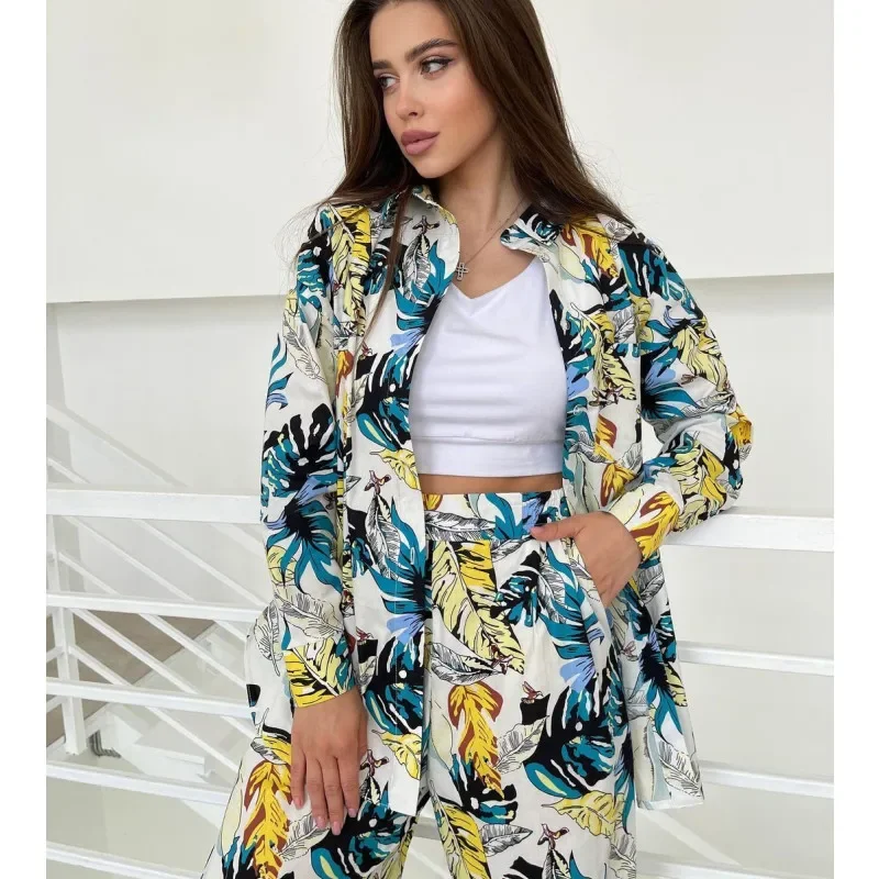 Women Tracksuit Two Pieces Set Long Sleeve shirts Turn Down Collar Single Breasted Print Pockets Wide Leg Pants High Street 2023