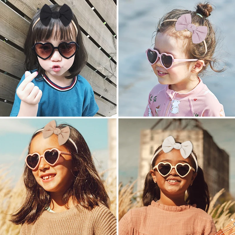 2 Pcs/Set New Girls Lovely Solid Color Cotton Bowknot Hairband Heart Shape Outdoor Acrylic Sunglasses Set Kids Hair Accessories