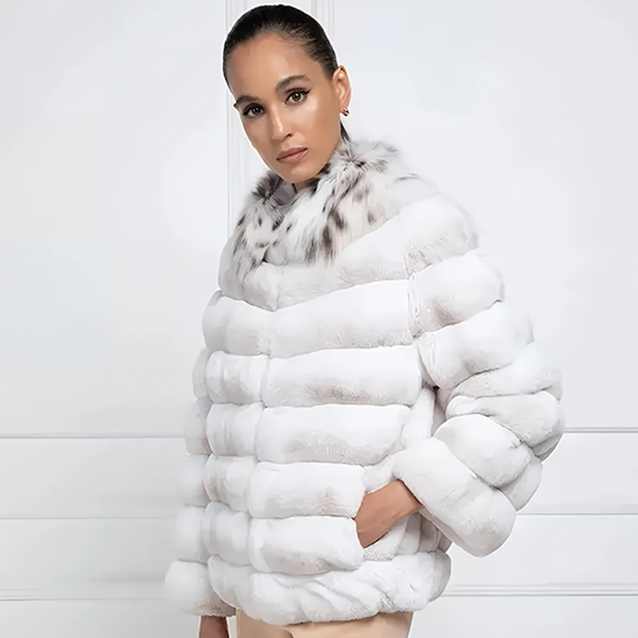 

Natural Rabbit Fur Coat Women's Winter Jacket Short Chinchilla Rex Rabbit Fur Coat With Real Fox Fur Collar High Quality