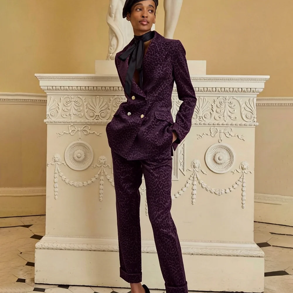 Exquisite Women's Purple Leopard Print Velvet Suit Luxury Double Breasted Evening Party Outfit Formal 2-Piece Jacket Pants Set