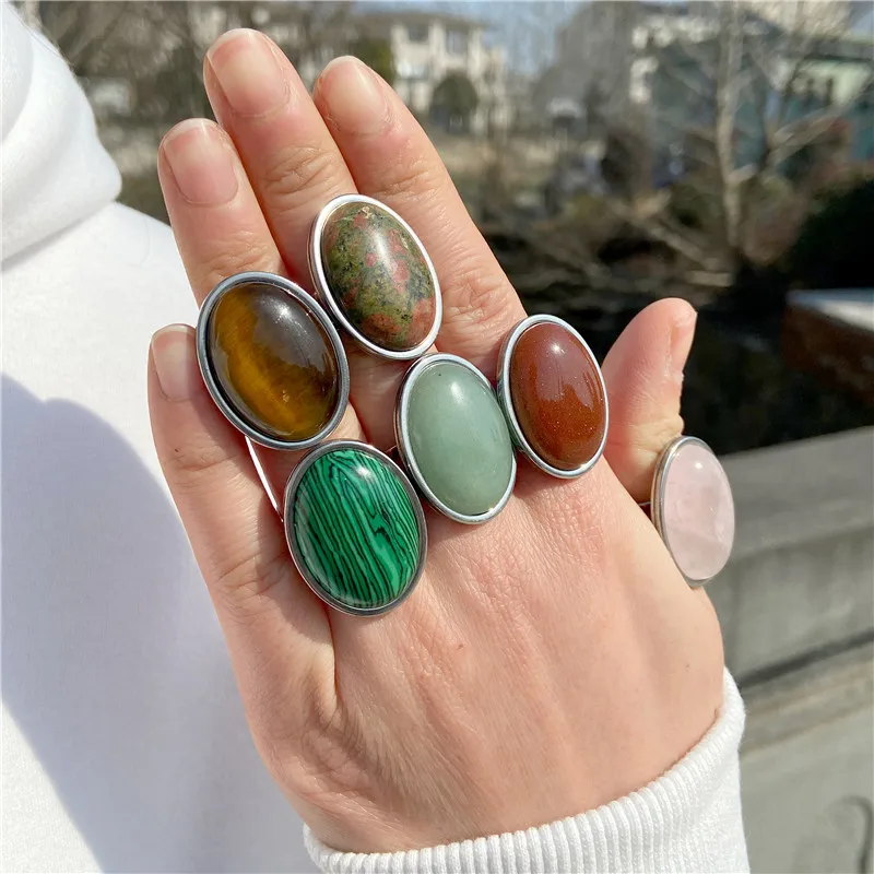 Natural Stone Ring for Women Vintage Silver Color Aventurine Stone Rings Big Cabochon Open Ring Adjustable Men Female Jewelry