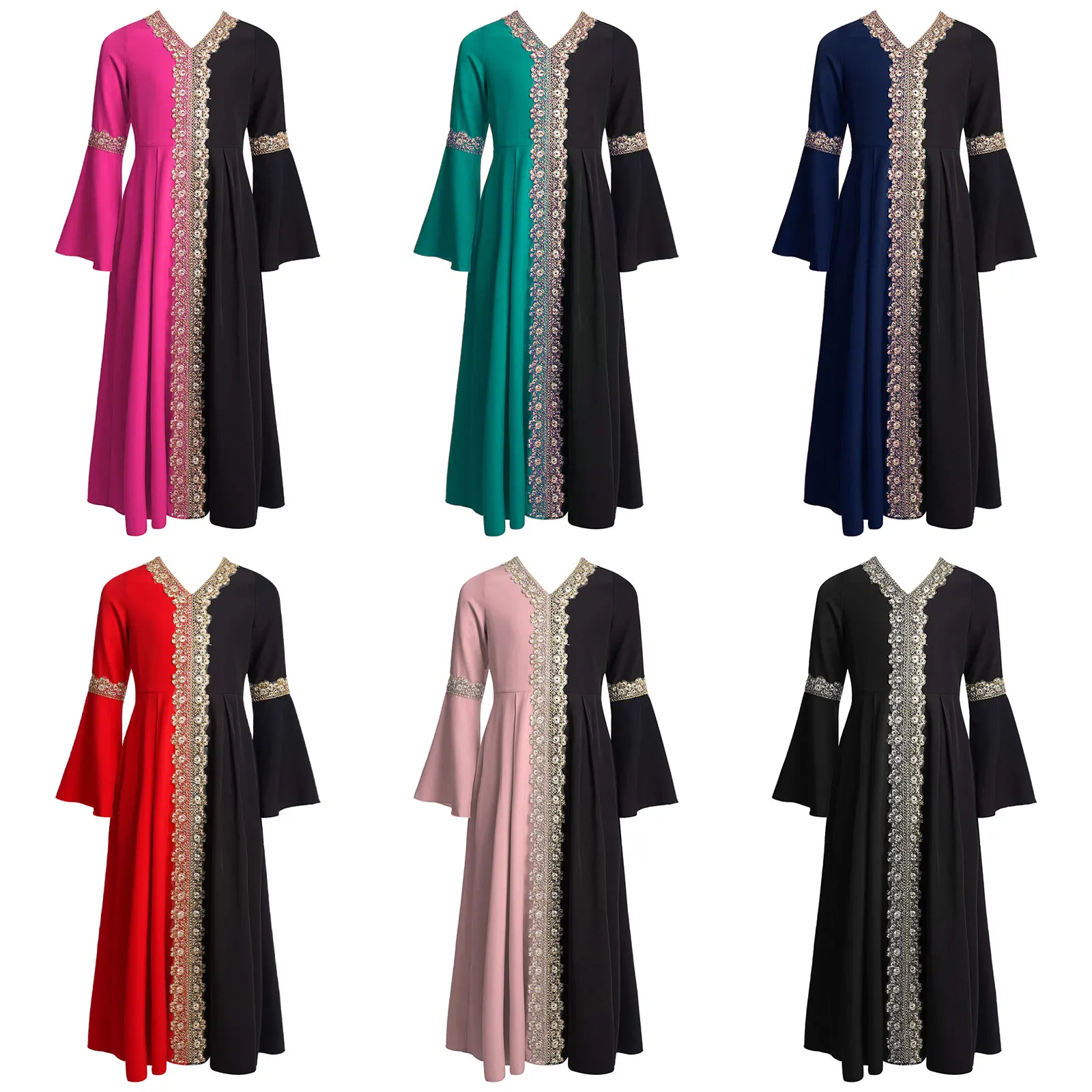 Kinder Mädchen Farbblock-Plisseekleid Abaya V-Ausschnitt Lange ausgestellte Ärmel Plisseekleid für Mottoparty Urlaub Hochzeit Party