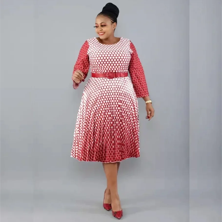 2024 New Hot Sale African Style Plus Size Printed Round Neck 3/4 Sleeve Large Pleated Swing Snake Dress For Women