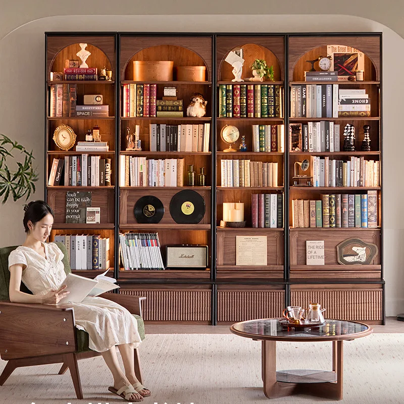 Black walnut solid wood whole wall combination bookcase retro living room storage storage cabinet display simple bookshelf
