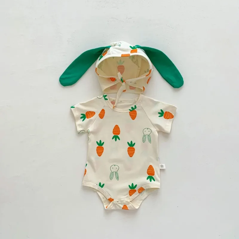 Newborn Clothes Baby Boy's One Piece Clothes Small Fresh Print Cute Girl's Climbing Clothes With Hat Summer Hot Sale