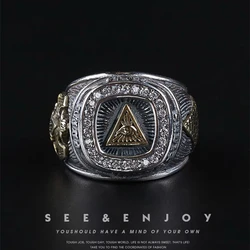 Retro Golden Eye of Providence Large Ring For Men Punk Gothic Open Ring Handmade Jewelry Rock Hiphop Biker Accessories Man Gift