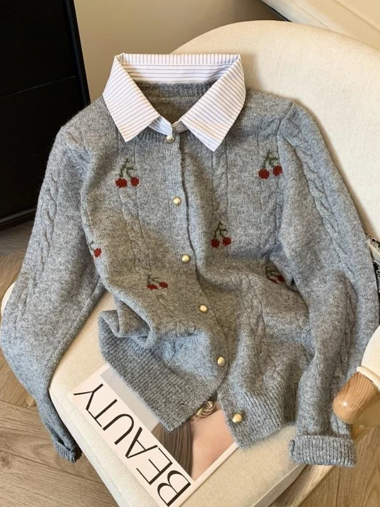 2025 Otoño e Invierno moda nuevo cárdigan de punto elegante para mujer, cuello abatible, Jersey informal grueso y cálido de Color sólido